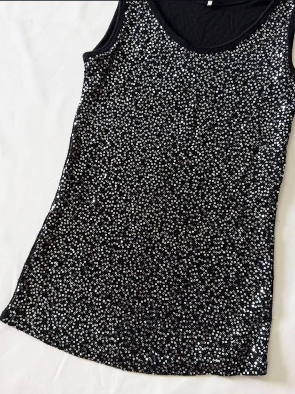 Black Sequin Tank Top Sparkly Sleeveless Y2K Party Going Out Top - Picture 2 of 5